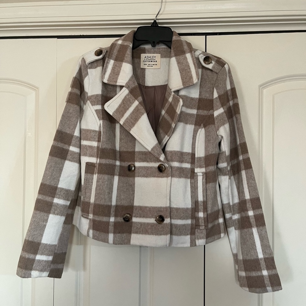Ashley by 26 international outerwear, taupe and white plaid jacket.